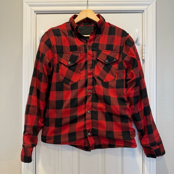 NBT Flannel Jacket Mens Sz L Armored Jacket Plaid Moto Type B Red Black T FLAW - Picture 2 of 11